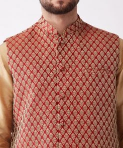 VASTRAMAY Men's Rose Gold Solid Silk Blend Kurta And Dhoti With Maroon Nehru Jacket Kurta Sets