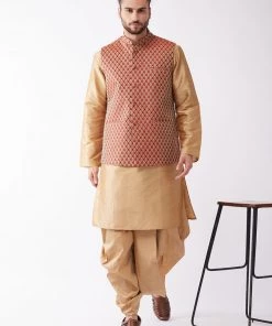 VASTRAMAY Men's Rose Gold Solid Silk Blend Kurta And Dhoti With Maroon Nehru Jacket Kurta Sets