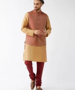VASTRAMAY Men's Maroon Silk Blend Ethnic Jacket, Rose Gold Kurta And Maroon Pyjama Set