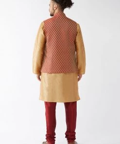 VASTRAMAY Men's Maroon Silk Blend Ethnic Jacket, Rose Gold Kurta And Maroon Pyjama Set