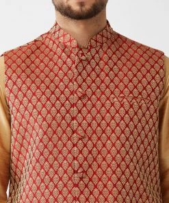 VASTRAMAY Men's Maroon Silk Blend Ethnic Jacket, Rose Gold Kurta And Maroon Pyjama Set