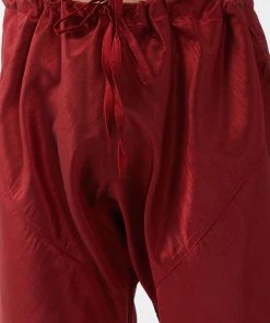 VASTRAMAY Men's Maroon Silk Blend Ethnic Jacket, Rose Gold Kurta And Maroon Pyjama Set