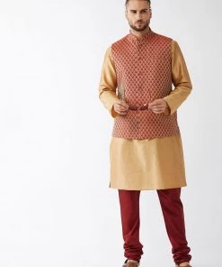 VASTRAMAY Men's Maroon Silk Blend Ethnic Jacket, Rose Gold Kurta And Maroon Pyjama Set