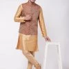 Vastramay Men's Rose Gold Silk Blend Kurta And Pyjama With Maroon Woven Nehru Jacket