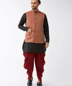 VASTRAMAY Men's Maroon Banarasi Jacket With Black Silk Kurta And Dhoti Set