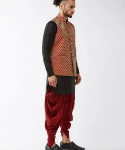 VASTRAMAY Men's Maroon Banarasi Jacket With Black Silk Kurta And Dhoti Set