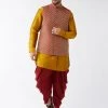 VASTRAMAY Men's Maroon Banarasi Jacket With Mustard Silk Kurta And Dhoti Set