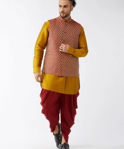 VASTRAMAY Men's Maroon Banarasi Jacket With Mustard Silk Kurta And Dhoti Set