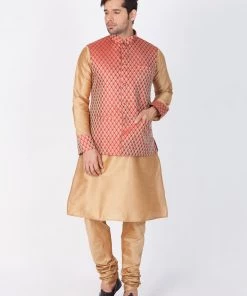 Vastramay Men's Maroon Cotton Silk Blend Ethnic Jacket