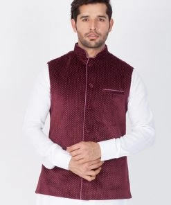 Vastramay Men's Maroon Velvet Ethnic Jacket