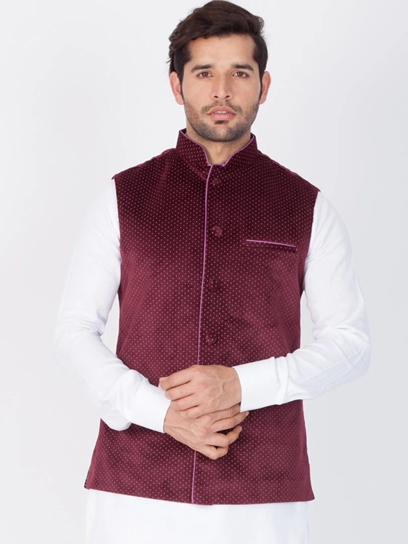 Vastramay Men's Maroon Velvet Ethnic Jacket 3 Vastramay Men's Maroon Velvet Ethnic Jacket