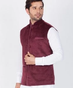 Vastramay Men's Maroon Velvet Ethnic Jacket