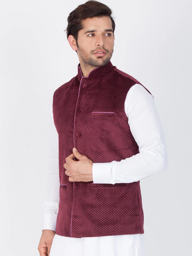 Vastramay Men's Maroon Velvet Ethnic Jacket 4 Vastramay Men's Maroon Velvet Ethnic Jacket