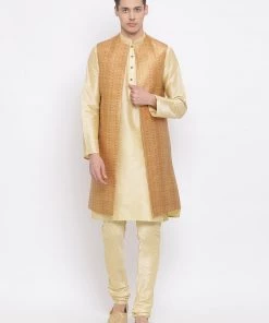 Jacket Kurta Sets Vastramay Men's Golden Silk Blend Jacket, Kurta And Pyjama Set