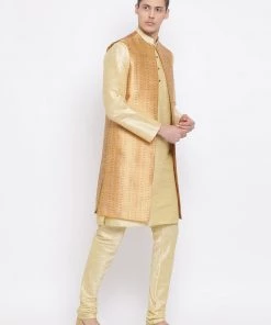Jacket Kurta Sets Vastramay Men's Golden Silk Blend Jacket, Kurta And Pyjama Set