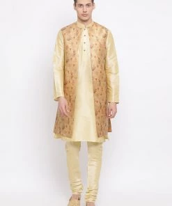 Vastramay Men's Golden Silk Blend Jacket, Kurta And Pyjama Set Jacket Kurta Sets