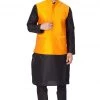 Vastramay Men's Black Cotton Silk Blend Kurta, Ethnic Jacket And Pyjama Set