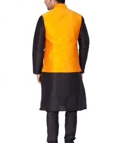 Vastramay Men's Black Cotton Silk Blend Kurta, Ethnic Jacket And Pyjama Set