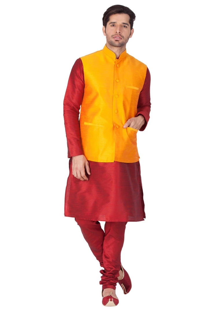 Vastramay Men's Maroon Cotton Silk Blend Kurta, Ethnic Jacket And Pyjama Set 3 Vastramay Men's Maroon Cotton Silk Blend Kurta, Ethnic Jacket And Pyjama Set