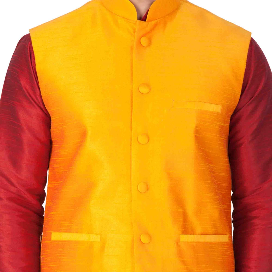 Vastramay Men's Maroon Cotton Silk Blend Kurta, Ethnic Jacket And Pyjama Set 5 Vastramay Men's Maroon Cotton Silk Blend Kurta, Ethnic Jacket And Pyjama Set