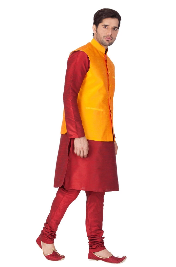 Vastramay Men's Maroon Cotton Silk Blend Kurta, Ethnic Jacket And Pyjama Set 4 Vastramay Men's Maroon Cotton Silk Blend Kurta, Ethnic Jacket And Pyjama Set