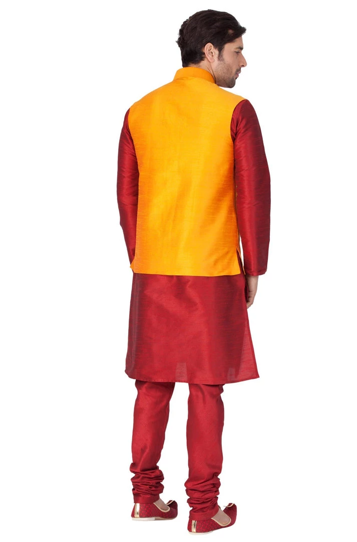 Vastramay Men's Maroon Cotton Silk Blend Kurta, Ethnic Jacket And Pyjama Set 6 Vastramay Men's Maroon Cotton Silk Blend Kurta, Ethnic Jacket And Pyjama Set