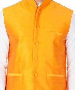 Vastramay Men's White Cotton Kurta, Ethnic Jacket And Pyjama Set