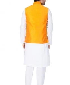 Vastramay Men's White Cotton Kurta, Ethnic Jacket And Pyjama Set