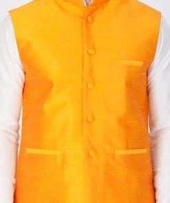 VASTRAMAY Men's Orange Cotton Silk Blend Ethnic Jacket