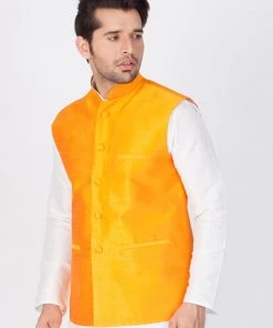 VASTRAMAY Men's Orange Cotton Silk Blend Ethnic Jacket