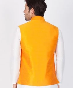 VASTRAMAY Men's Orange Cotton Silk Blend Ethnic Jacket