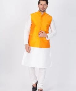 VASTRAMAY Men's Orange Cotton Silk Blend Ethnic Jacket