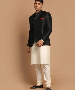 VASTRAMAY Men's Black Silk Blend Jodhpuri With Cream Viscose Rayon Kurta Pyjama Set