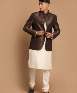 VASTRAMAY Men'Coffee Silk Blend Jodhpuri With Cream Viscose Rayon Kurta Pyjama Set