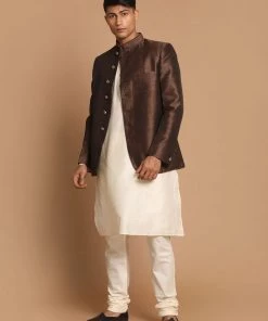 VASTRAMAY Men'Coffee Silk Blend Jodhpuri With Cream Viscose Rayon Kurta Pyjama Set
