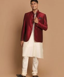 VASTRAMAY Men's Maroon Silk Blend Jodhpuri With Cream Viscose Rayon Kurta Pyjama Set Rakhi