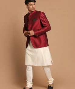 VASTRAMAY Men's Maroon Silk Blend Jodhpuri With Cream Viscose Rayon Kurta Pyjama Set Rakhi