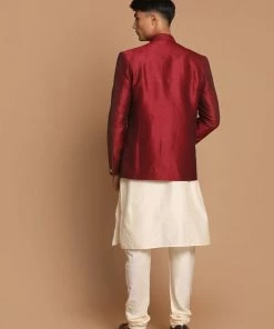 VASTRAMAY Men's Maroon Silk Blend Jodhpuri With Cream Viscose Rayon Kurta Pyjama Set Rakhi 10 VASTRAMAY Men's Maroon Silk Blend Jodhpuri With Cream Viscose Rayon Kurta Pyjama Set Rakhi