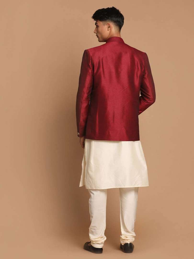 VASTRAMAY Men's Maroon Silk Blend Jodhpuri With Cream Viscose Rayon Kurta Pyjama Set Rakhi 5 VASTRAMAY Men's Maroon Silk Blend Jodhpuri With Cream Viscose Rayon Kurta Pyjama Set Rakhi