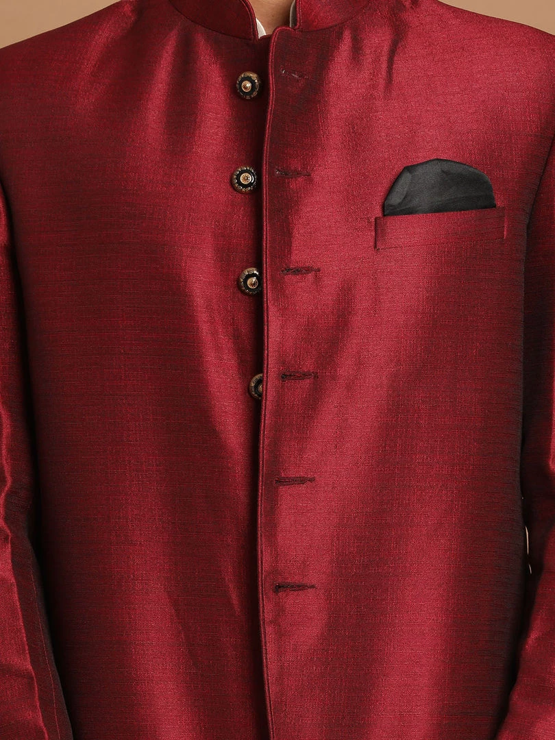 VASTRAMAY Men's Maroon Silk Blend Jodhpuri With Cream Viscose Rayon Kurta Pyjama Set Rakhi 6 VASTRAMAY Men's Maroon Silk Blend Jodhpuri With Cream Viscose Rayon Kurta Pyjama Set Rakhi