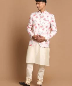 VASTRAMAY Men's Peach Silk Blend Jodhpuri With Cream Viscose Rayon Kurta Pyjama Set