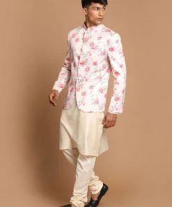 VASTRAMAY Men's Peach Silk Blend Jodhpuri With Cream Viscose Rayon Kurta Pyjama Set