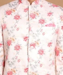 VASTRAMAY Men's Peach Silk Blend Jodhpuri With Cream Viscose Rayon Kurta Pyjama Set