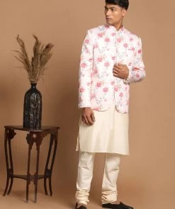 VASTRAMAY Men's Peach Silk Blend Jodhpuri With Cream Viscose Rayon Kurta Pyjama Set