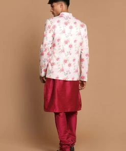 VASTRAMAY Men's Peach Silk Blend Jodhpuri With Purple Cotton Silk Blend Kurta And Pyjama Set