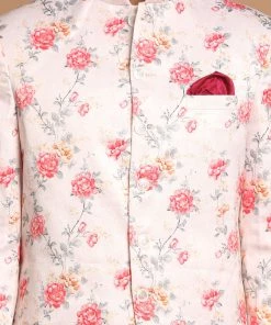 VASTRAMAY Men's Peach Silk Blend Jodhpuri With Purple Cotton Silk Blend Kurta And Pyjama Set