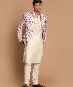 VASTRAMAY Men's Pink Silk Blend Jodhpuri With Cream Viscose Rayon Kurta Pyjama Set