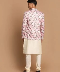 VASTRAMAY Men's Pink Silk Blend Jodhpuri With Cream Viscose Rayon Kurta Pyjama Set