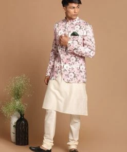 VASTRAMAY Men's Pink Silk Blend Jodhpuri With Cream Viscose Rayon Kurta Pyjama Set