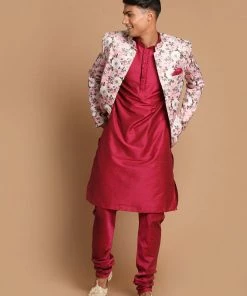 VASTRAMAY Men's Pink Silk Blend Jodhpuri With Purple Cotton Silk Blend Kurta And Pyjama Set